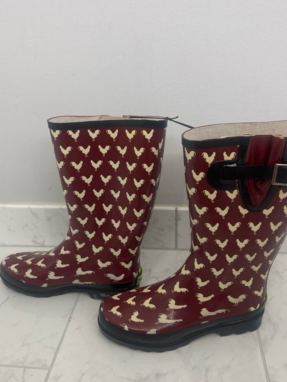 Western Chief Burgundy Rain Boots with Cream Rooster Print
